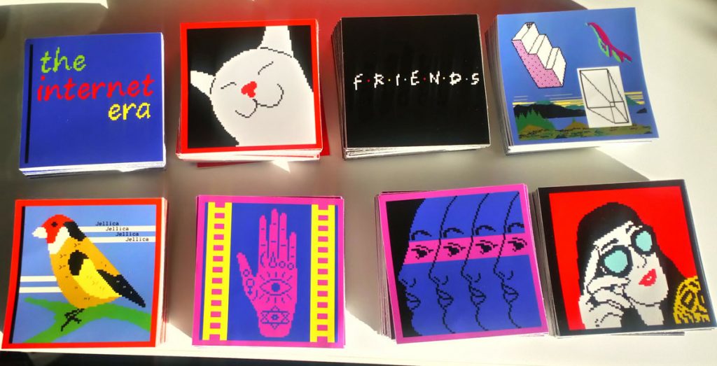 A series of 8 stickers are included with the physical release of Lydia's RPG. They are shown here in two rows of 4 images. The top row starts with a blue sticker labeled "Internet Era", A cheerful cat, a pixel version of the us television show friends, and a juxtaposition of geometric shapes over a landscape image. The second row starts with a friendly bird and the text Jellica repeated in sequence, a neon image of a hand covered in Mehndi and various symbols, four feminine faces looking leftwards, and a fashionable woman adjusting her sunglasses. 